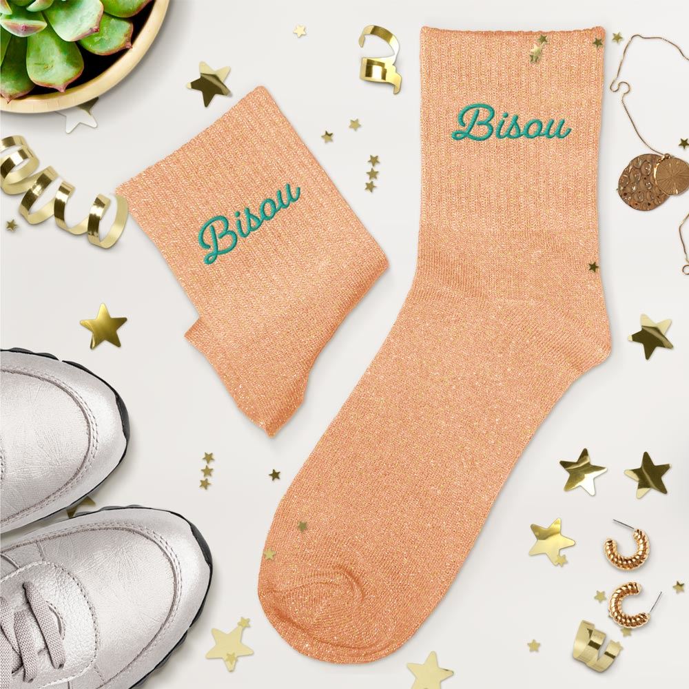 Chaussettes à paillettes brodées: Bisou
