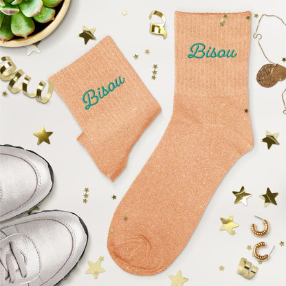 Chaussettes à paillettes brodées: Bisou