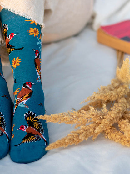 Chaussettes bambou : Oiseau et fleurs jaunes