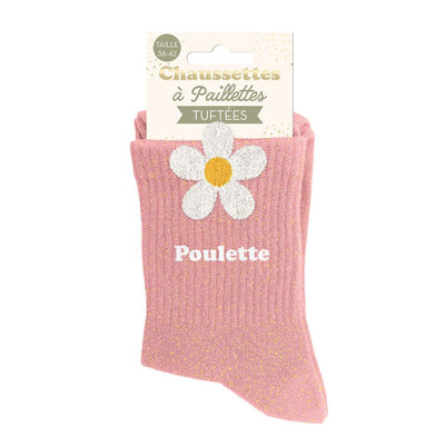 Chaussettes à paillettes pilou brodées: Poulette